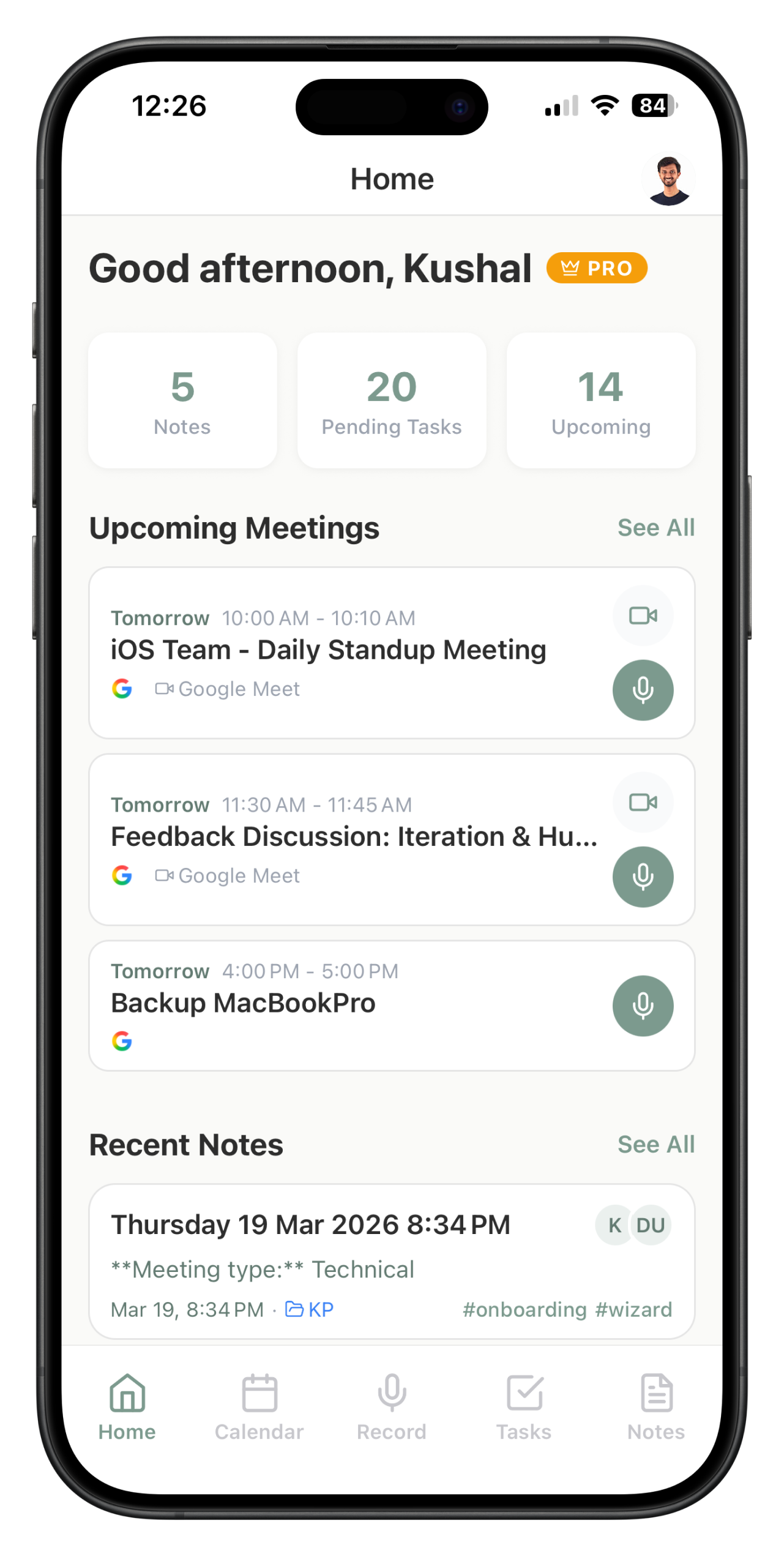 Upcoming meetings on the home screen